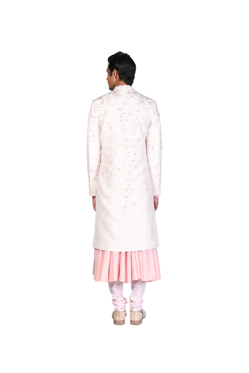 Off-White and Pink EMB Sherwani with Pink Kalidar Kurta and Churidar